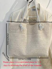 Women Straw Woven Tote Bag Large Capacity One Shoulder Handbag, Summer - Beige - View 3