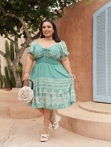 Plus Size Midi Dress With Pull-On Hem, Lined With Viscose - The Summer's Darling! - 薄荷綠 - 查看 2