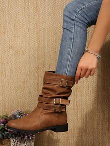 Fall/Winter New Women's Black Warm Boots, Fashionable Round Toe Soft Leather Riding Boots, Western Style Side Zipper Boots