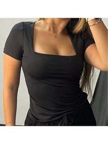 Kit Of 3 Basic Suplex Blouses, Square Neckline, Short Sleeve, Lined - 米色/白色/黑色 - 查看 3