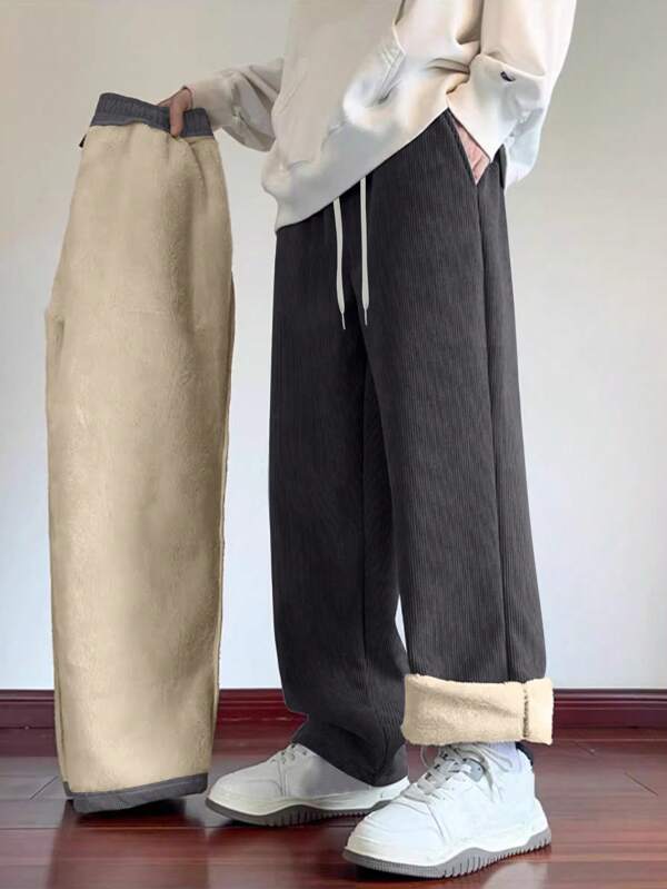 Pantalón de pana para hombre, corte recto y holgado, forrado térmico, informal y versátil para exterior, deportes, escuela, otoño/invierno