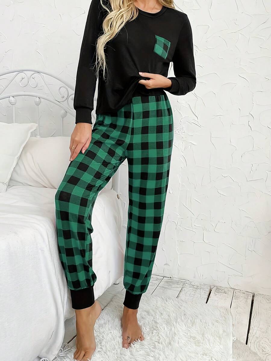 2Pcs Pajama Sets For Women, Long Sleeve T-Shirt & Elastic Waist Trousers Pj Set, Valentine Outfits For Women - 綠色 - 查看 1