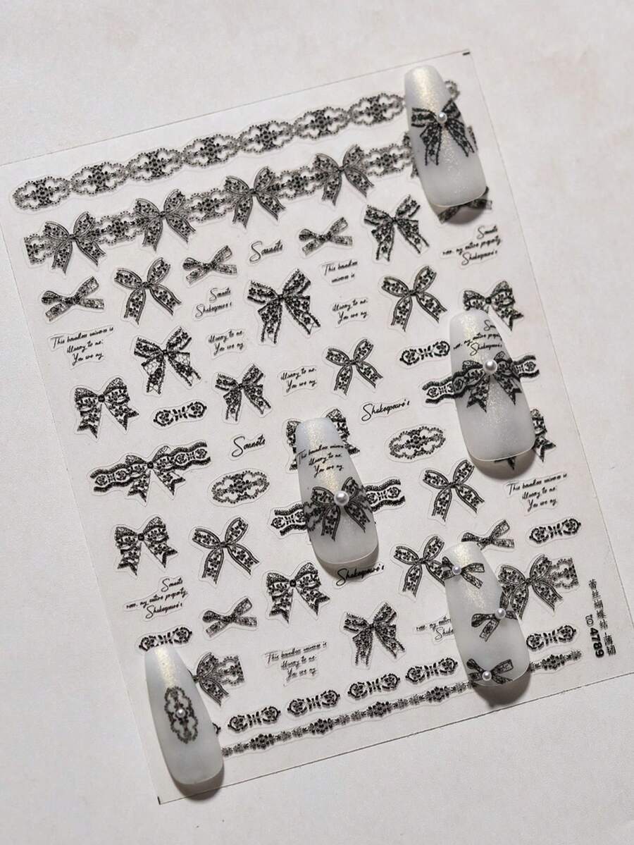1片秋季新款白色/黑色/粉色蕾丝蝴蝶结美甲贴纸，可爱蝴蝶结美甲贴纸，白色粉色3D自粘复古精致蝴蝶结美甲设计用品，丝带蝴蝶结，女士DIY美甲装饰 - 彩色 - 查看 1