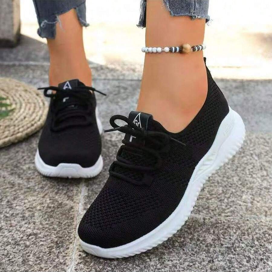 Women's Breathable Knit Slip- Shoes - Lightweight Low-Top Sneakers With Soft EVA/PVC Sole, All-Season Comfort For Walking, Jogging & Casual Wear - White, Ladies Sneakers, Round Toe Design, Cushioned Sole, Women - 黑色 - 查看 1