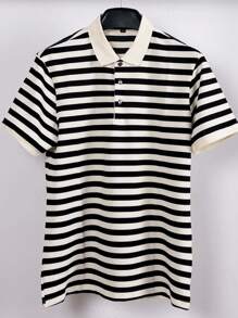 针织男士条纹Polo衫 - 时尚舒适 - 针织 - 黑色 - 查看 2