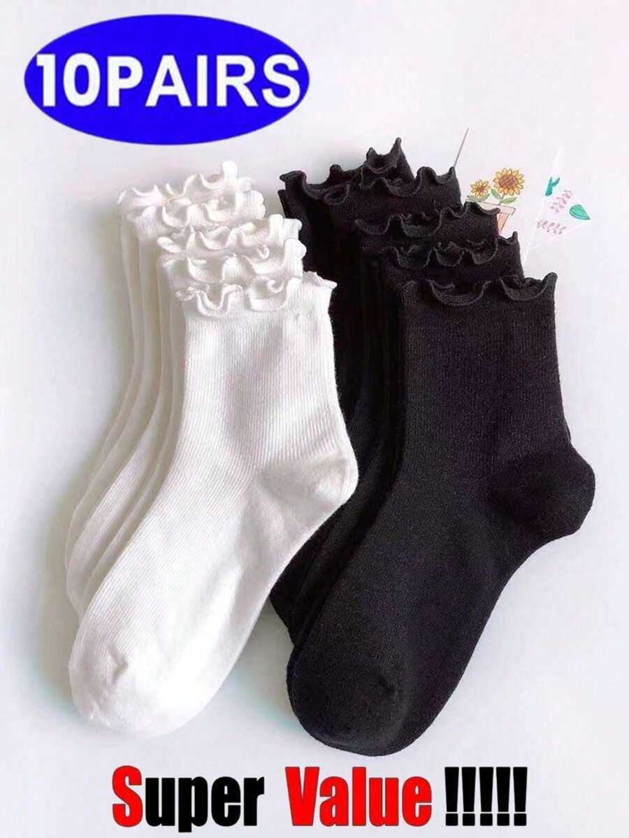 1/3/5 双女式可爱荷叶边及踝中筒袜，白色和黑色，涤纶氨纶混纺，可机洗