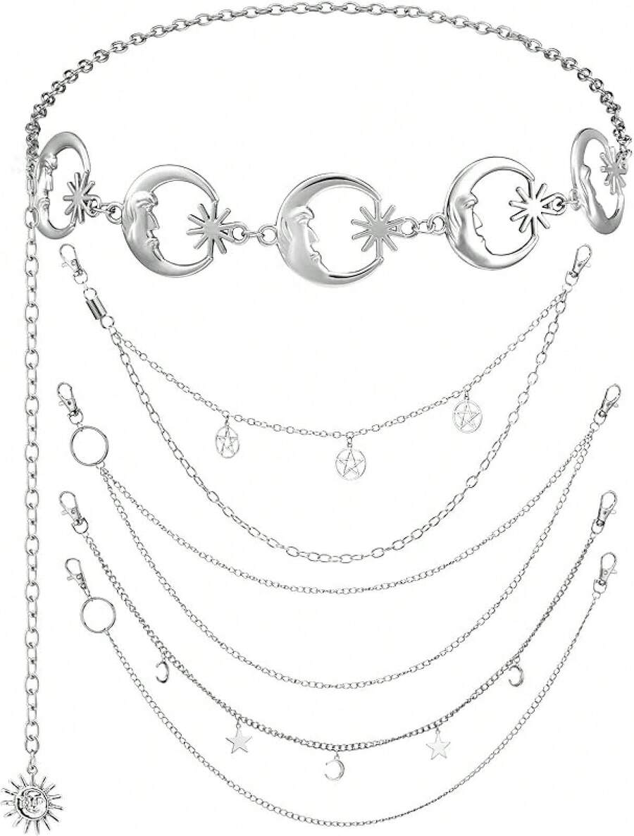 5 Pieces Chain Belt Pendant Belly Belt Body Chains Silver Metal Link Body Jeans Pants Pocket Waist Multilayer Hip Hop Metal Wallet For Men Women2025 - Mặt Trăng Sao - Xem 1