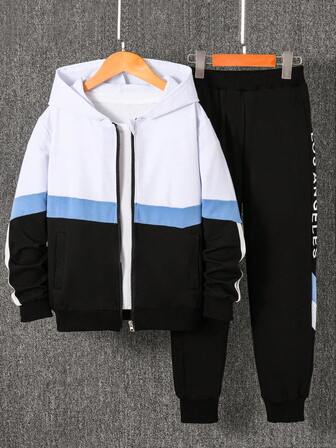 男童蓝色拼布休闲夹克和裤子两件套，秋冬运动装