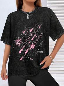 EWH Vintage Distressed, Meteor Print T-Shirt, Men's Short Sleeved, Loose Fit, Short Sleeved TopDG0004 - Black - View 3