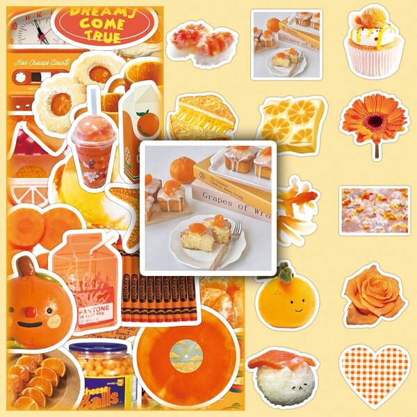 50pcs Orange Ins Style Minimalist Cartoon Cute Decorative Stickers For Tissue Box, Desktop Mirror, DIY