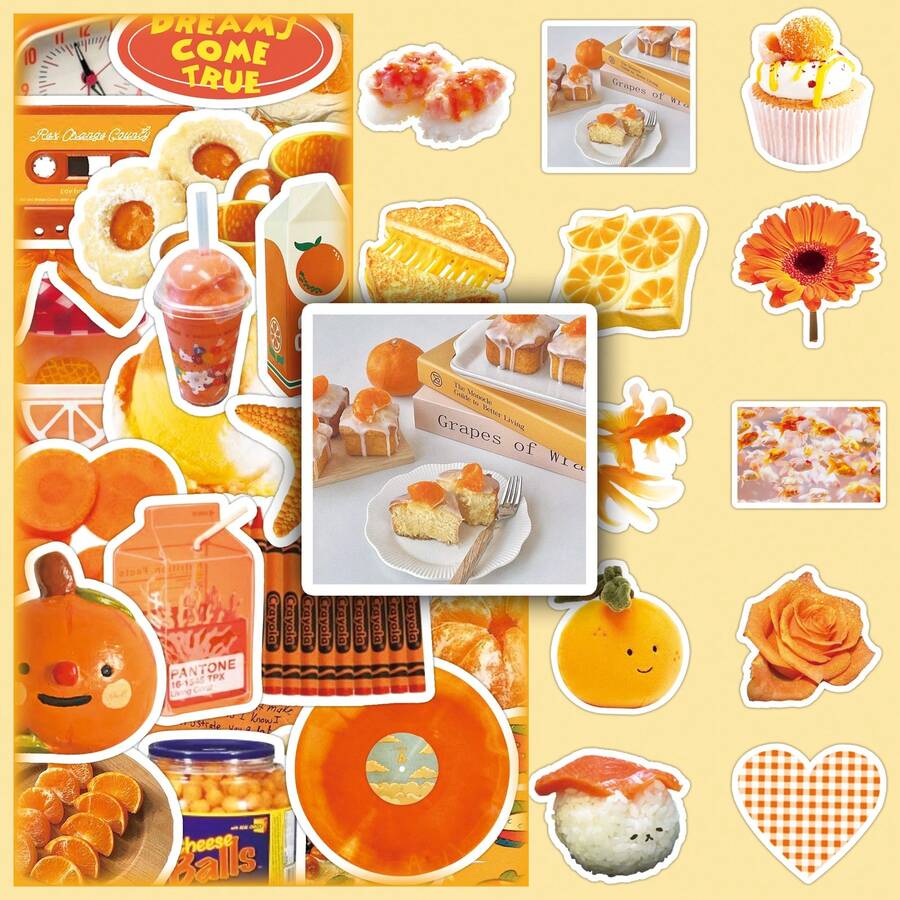 50pcs Orange Ins Style Minimalist Cartoon Cute Decorative Stickers For Tissue Box, Desktop Mirror, DIY - Multicolor - View 1