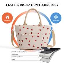 1 Piece Cute Floral&Bow Pattern Insulated Lunch Box Portable Lunch Tote Bag With Handle Corduroy Lunch Bag With Cherry Print Zippered Lunch Handbag With Woven Rope Decor Large Capacity Food Storage Bag With Compartment Suitable For Picnic, School, Office, Camping Suitable For Students, Teachers, Office Workers, Family Good Choice For Teacher's Day Gifts, Mom Gifts, Children's Day Gifts Back To School School Stuff Bag For School Lunch Bag For Women Cooler Bag Picnic Accessories, Home Decor, Party & Christmas Storage - 草莓 - 查看 4