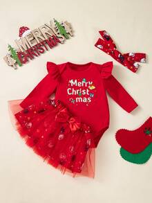 3件套圣诞宝宝套装，印花圣诞主题长袖连体衣、裙子、发饰套装，婴儿圣诞假日派对服装 - 紅色 - 查看 1