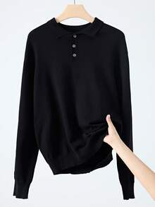 男士休闲针织Polo衫，简约风格，适合休闲和通勤，秋季长袖上衣 - 黑色 - 查看 4