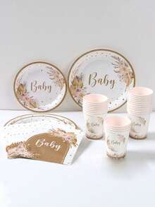 Bohemian Baby Shower Party Plate And Napkin Tableware Set, Bohemian Pampas Grass Floral Rainbow Arch Party Tableware Supplies For Baby Events, Boys And Girls Birthday Baby Shower Party,Gender Reveal Party