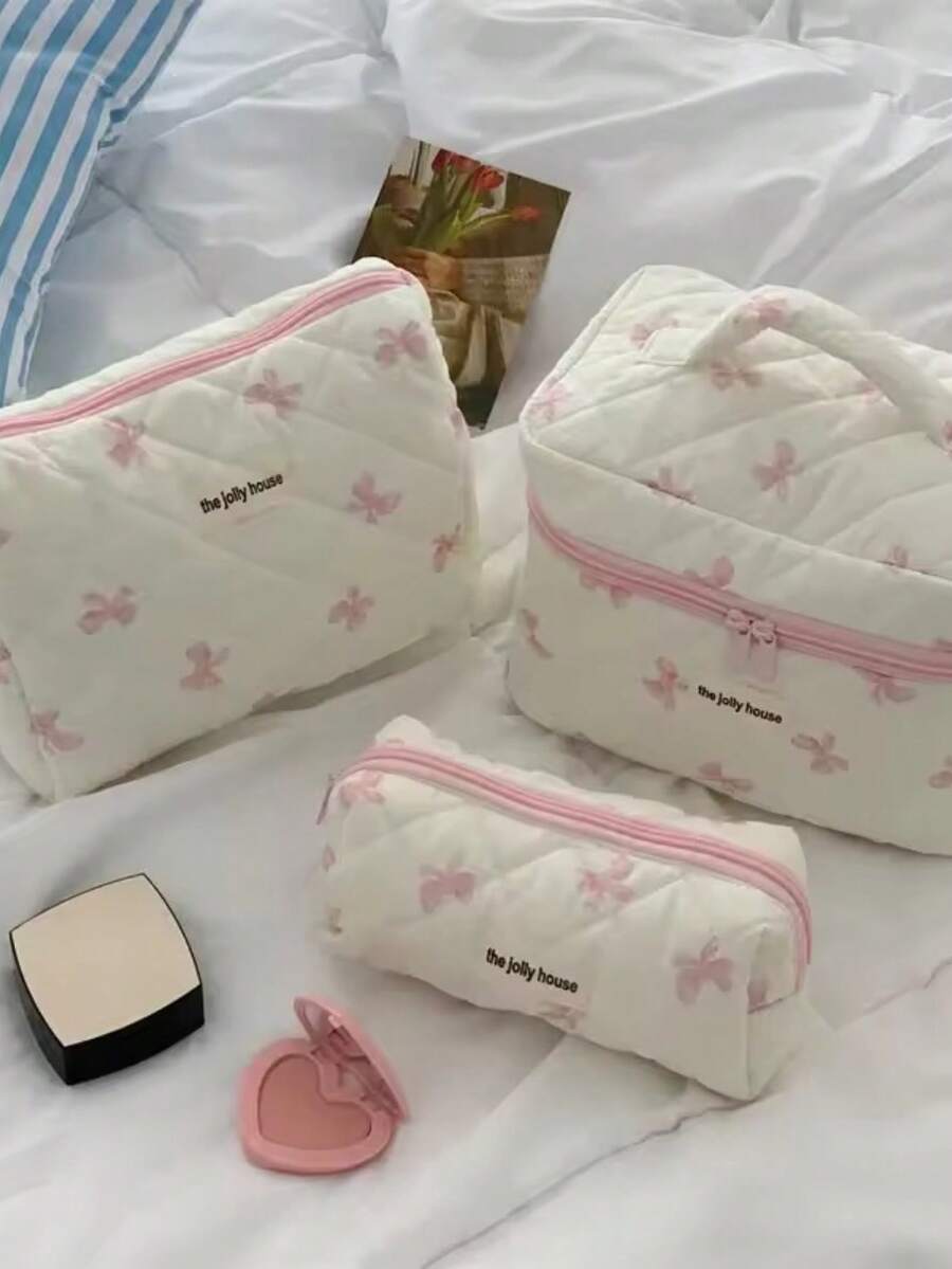 1pc L/M/S Pink Bow Pattern Makeup Bag Set Floral Cosmetic Bag Aesthetic Toiletry Travel Organizer Bag For Women Girls Print Large Travel Vintage Quilted Makeup Bag For Women Skincare Organizer Bag Print Flower Makeup Organizer Storage Bag Autumn University Essentials Travel Essentials Holiday Vacation Travel Bag For Women