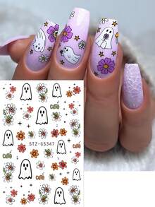 2 件万圣节可爱鬼花美甲贴纸卡通恐怖不给糖就捣蛋自粘滑块指甲饰物美甲用品 - 彩色 - 查看 2