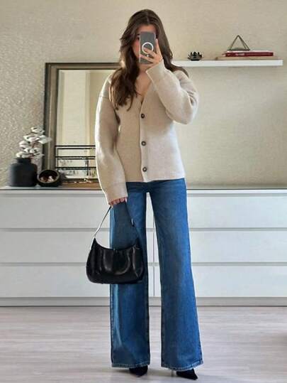 Women's Fashion Oversized Simple And Comfortable Casual Cozy Bow Trimmed Sweater Pullover Solid-Color V-Neck Long-Sleeve With Button Details Sweaters For Women Fall/Winter Clothes For Women Tops