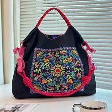Bohemian Women's Shoulder Bag Embroidered Pattern Nylon Bag Large Capacity Cloth Bag Lightweight Foldable Storage Bag Commuter Bag Fashion Bag Travel Bag,Large-Capacity Handbags, Commuter Bags, Ladies' Bags