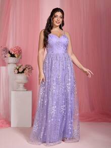 Mgiacy,New Arrival,V Neck,Tank,Elegant,Plus-Size Wedding Dress,Sequin,Long Dress,FOR,Prom Wedding, Church,Party Dress,Wedding Guest Dress, Evening Dress - 淡紫色 - 查看 4