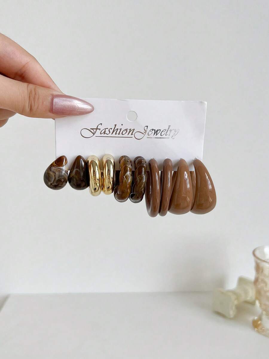 1 Set Of 5 Pairs Comma & Water Drop Cute Doll Earrings, Versatile Small C Hoop Earring Set - Coffee - View 1