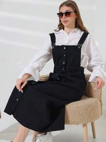 Women's Casual Solid Color Front Button Pocket Denim Dress - Black - View 6