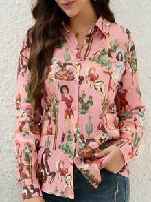 Blusa de manga larga con botones y cuello, estampado de dibujos animados, estilo occidental, talla grande, ligeramente elástica, perfecta para uso casual y de vacaciones, top de primavera y verano. Color: Rosa - Rosa - Ver 2