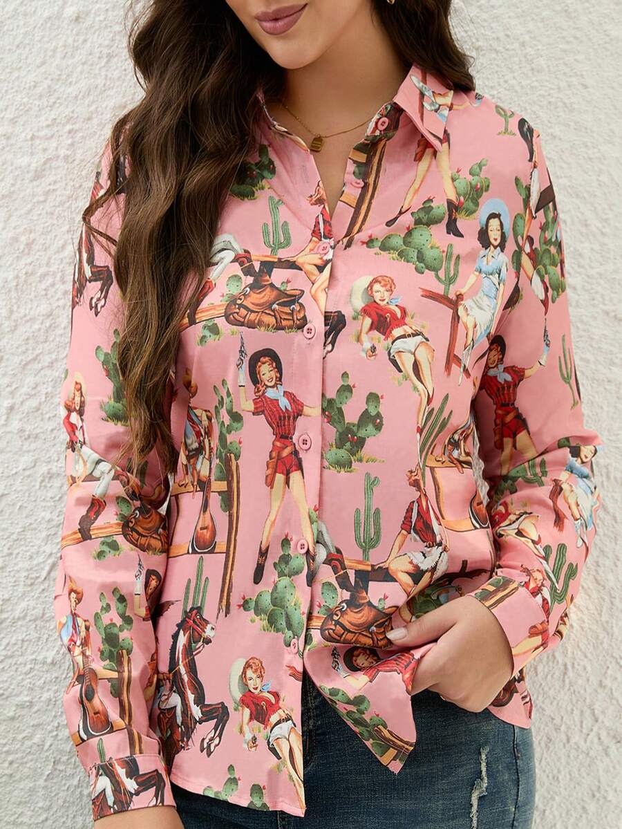 Blusa de manga larga con botones y cuello, estampado de dibujos animados, estilo occidental, talla grande, ligeramente elástica, perfecta para uso casual y de vacaciones, top de primavera y verano. Color: Rosa