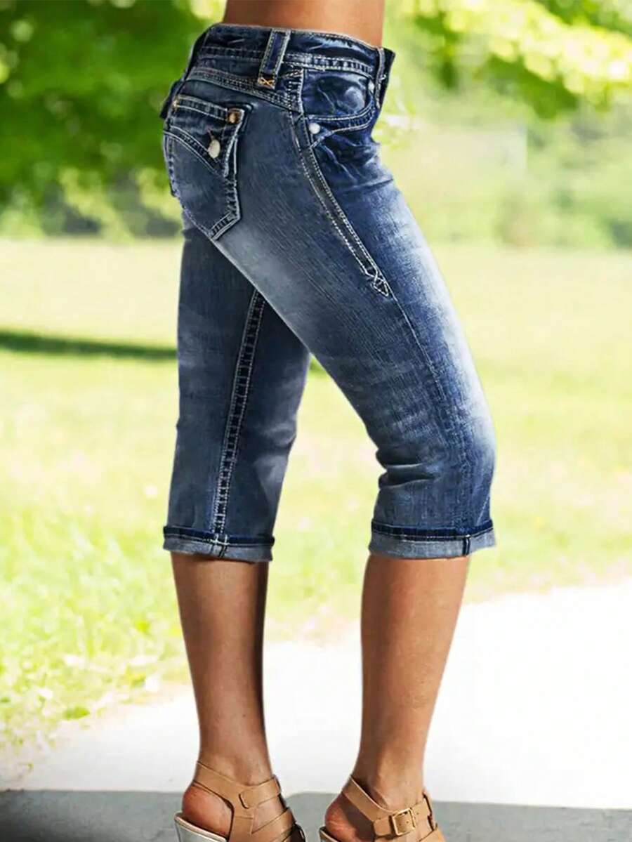 Women's Mid Rise Denim Capri Jeans – Stretchy Slim Fit Jean Capris With Cuffed Hem, Classic Washed Blue Cropped Pants For Casual Outfits - Dark Wash - View 1