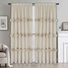 Shabby Chic Window Curtains With Blackout Liner, Boho Ruched Window Treatments With 3 Rows Of Butterfly Flowers, Rustic Rod Pocket Drapes For Living Room, 54"W X 84"L, 2 Panels - Camel - View 1