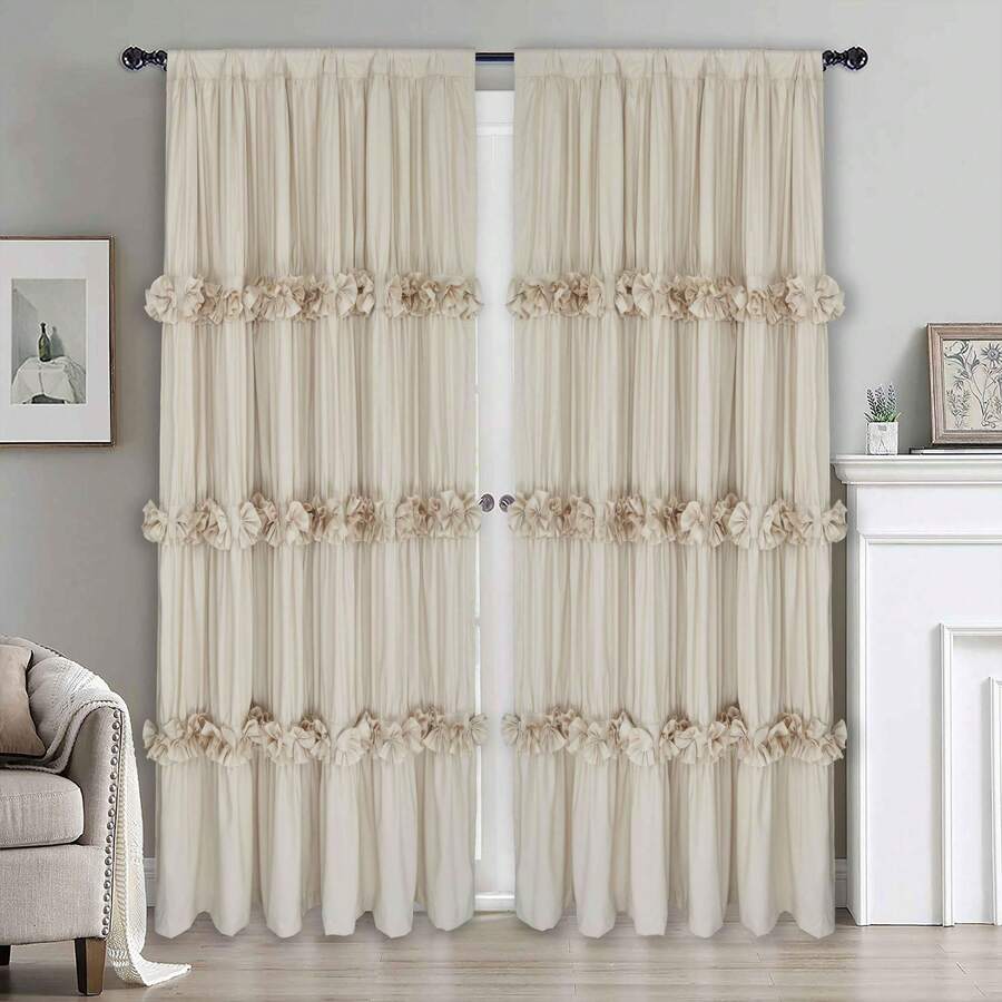 Shabby Chic Window Curtains With Blackout Liner, Boho Ruched Window Treatments With 3 Rows Of Butterfly Flowers, Rustic Rod Pocket Drapes For Living Room, 54"W X 84"L, 2 Panels - Camel - View 1