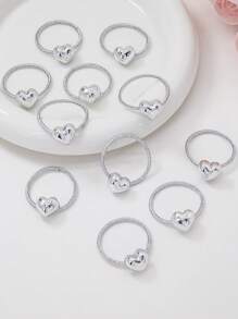 10 条装女童迷你心形金属弹力发带，可爱公主风，百搭，温柔呵护秀发，适合日常使用 - 銀色 - 查看 3