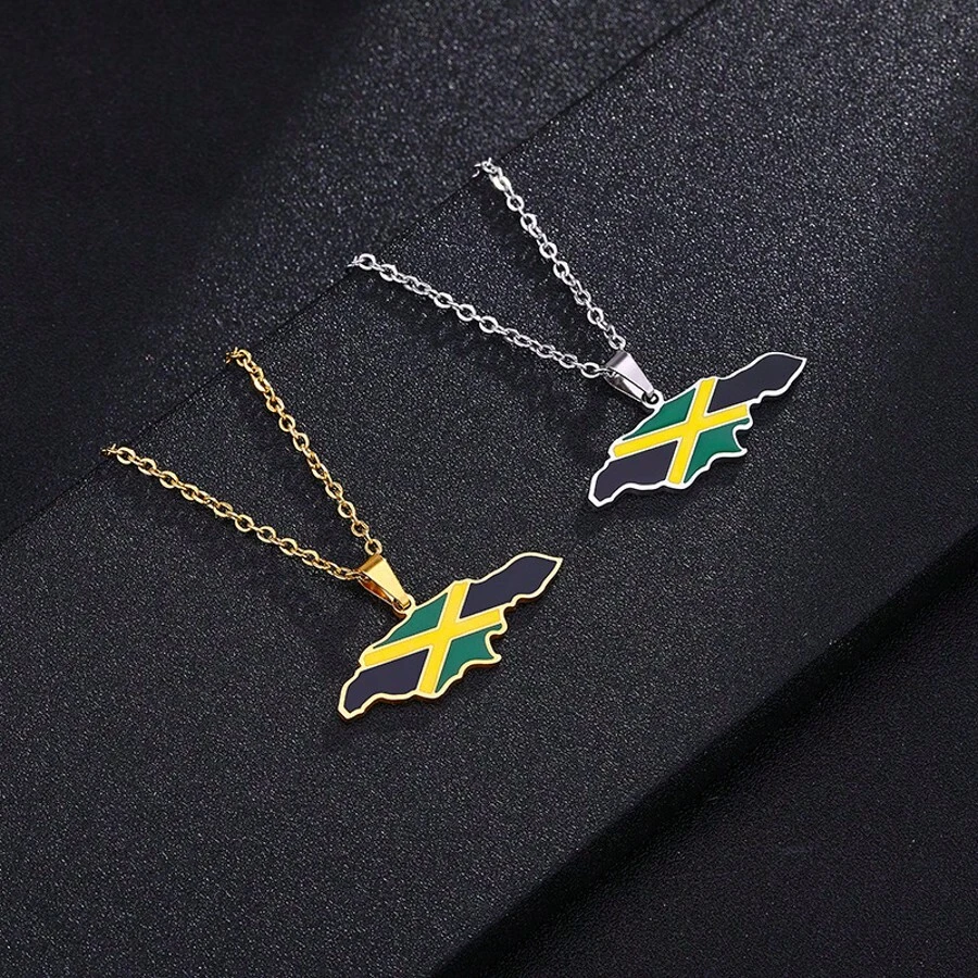 时尚不锈钢非洲牙买加地图吊坠项链，防过敏材质（无刺激性），简约独特的颈链，旅行纪念珠宝，多功能项链礼物，拥抱美好生活