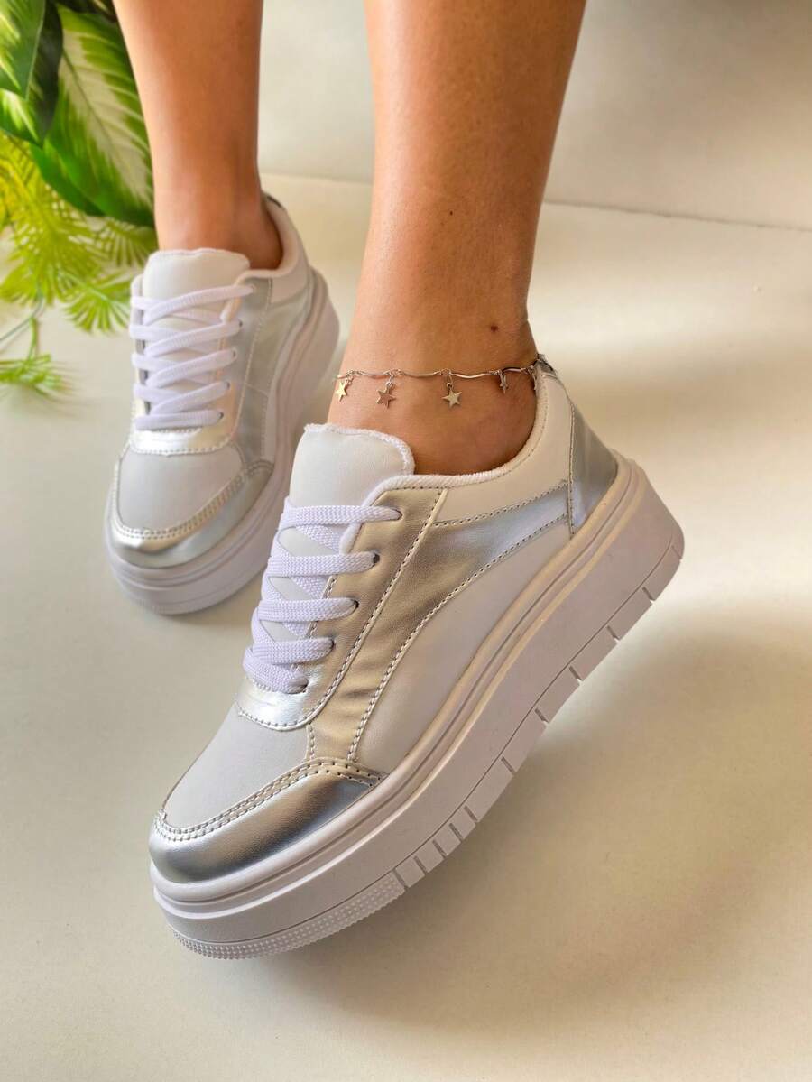 Women's Casual Flatform Tennis Shoes Comfortable Everyday Gym Blocker - 銀色 - 查看 1