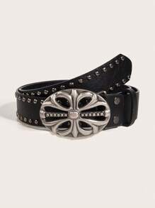 1条朋克风男士花卉交叉扣休闲复古黑色真皮腰带，适合万圣节、音乐节、日常通勤等秋冬季场合，青少年、青年、男士均可佩戴，休闲、户外、运动、度假、毕业礼物、生日礼物、日常穿着皆宜。