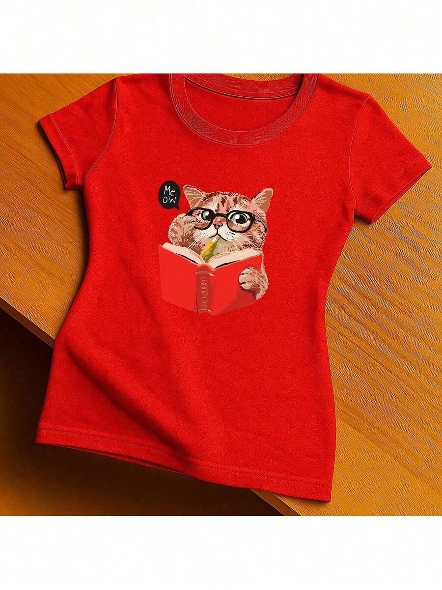 Camiseta Feminina Baby Look:  MEOW GATO LEITOR NERD- Estilo Tumblr / LANÇAMENTO 2025
