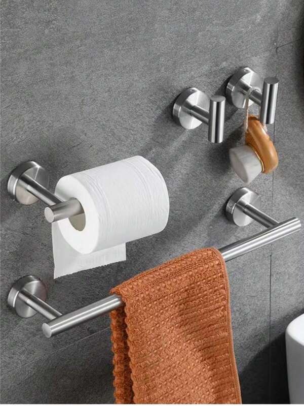 Juego de 4 accesorios de baño modernos, barra para toallas de acero inoxidable montada en la pared, portarrollos de papel higiénico, 2 ganchos para bata de baño y toalla, estilo contemporáneo, montaje en pared, material de acero inoxidable, para baño
