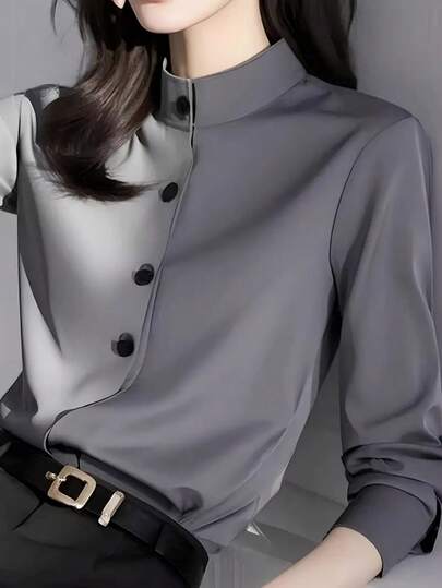Blusa de mujer con cuello alto y botones delanteros, de manga larga, de moda y versátil