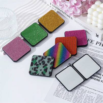 Rhinestone Compact Folding Square Makeup Mirror, Cute Pocket Sized Mirror For Women,Giveaways,Travel,Cheap Stuff,Travel Essential