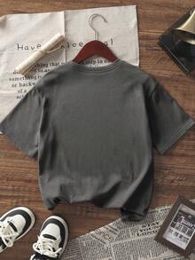 1pc Teens Girls Guitar Print Short Sleeve T-Shirt, Dark Grey, Student & Youth Summer Top, Music Festival Wear - Dark Grey - View 4