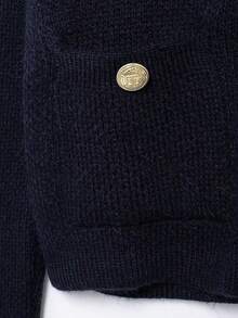 女士休闲纯色针织开衫，金色纽扣装饰，春秋 - 藏蓝色 - 查看 10