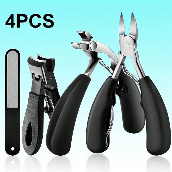 Set de 4 cortaúñas de acero inoxidable de grado profesional para uñas gruesas, con mango ergonómico. Incluye lima de uñas, perfecto para hombres y adultos