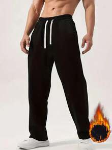 男士保暖内衬宽松休闲运动裤，户外运动加厚直筒裤，适合秋冬季穿着 - 黑色 - 查看 2