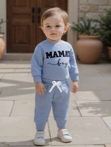 Newborn Baby Boys Outfit Waffle Knit Long Sleeve Mama's Boy Embroidery Sweatshirt Top Pants Set Infant Bodysuit Fall Winter Clothes - Màu xanh lam - Xem 5