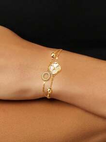 S925 Sterling Silver Clover Bracelet For Women, Double Layer Rose Gold & White Shell Minimalist Jewelry Gift Valentines