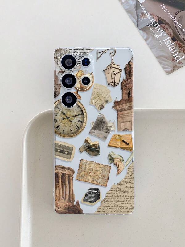 1 Stück Karte, Uhr, Schloss, Globus, Handy grafisches Muster transparente stoßfeste TPU Material Handyhülle, geeignet als Urlaubsgeschenk für Partner und Freunde, kompatibel mit Samsung, Nothing, Pixel, INFINIX, Redmi Serien Smartphones