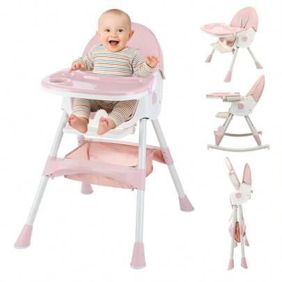 OYAJIA Baby High Chair 3 In 1 Highchair Adjustable Height 3 Positions Rocking Seat Convertible High-Chair Portable RockingChair Foldable Baby Dining Chair With Removable Tray Pink