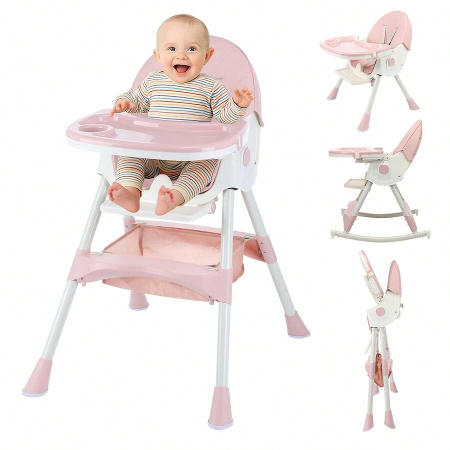 OYAJIA Baby High Chair 3 In 1 Highchair Adjustable Height 3 Positions Rocking Seat Convertible High-Chair Portable RockingChair Foldable Baby Dining Chair With Removable Tray Pink - 粉色 - 查看 1