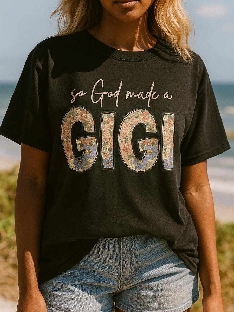 Women's Summer Casual Loose Soft 100% Cotton Crew Neck Short Sleeve Black T-Shirt,Floral Gigi Graphic Design - 黑色 - 查看 1