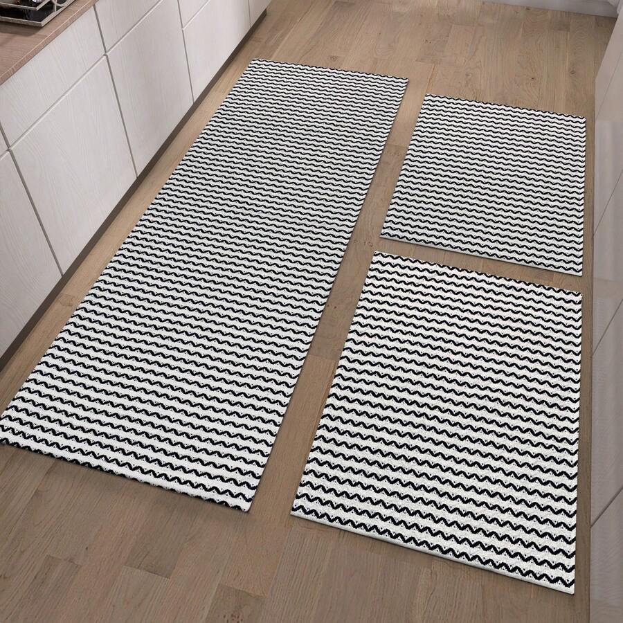 3-Piece 100% Cotton Runner Set – Decorative Rugs For Kitchen, Bathroom Or Laundry Room - Black/Natural - View 1